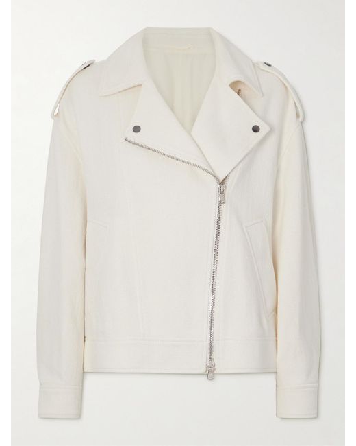 Brunello Cucinelli Natural Embellished Herringbone Cotton And Linen-Blend Biker Jacket