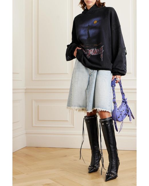Balenciaga Black Oversized Distressed Printed Cotton-Jersey Hoodie