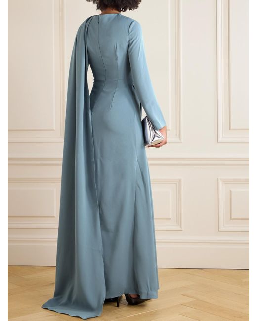 Marmar Halim Blue Draped Scarf-Detailed Wrap-Effect Silk-Crepe Gown