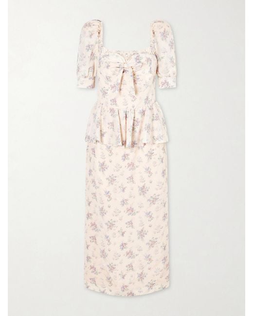 Alessandra Rich Natural Floral-Print Silk-Satin Midi Dress