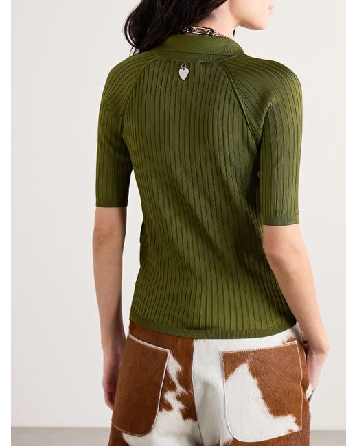 Acne Green Ribbed-Knit Polo Top