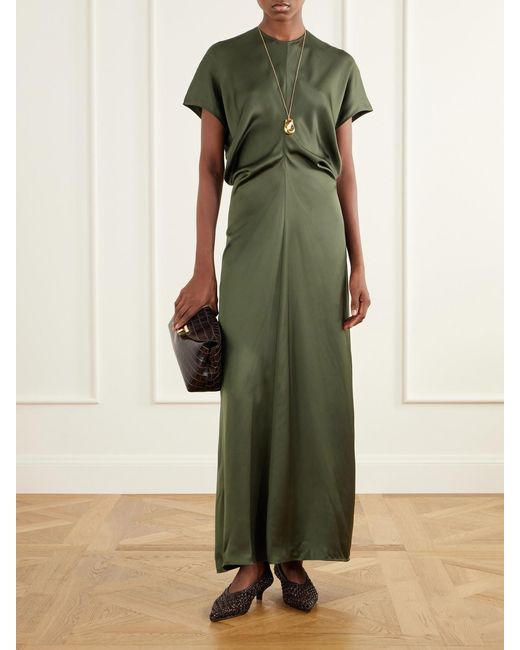 Totême  Green Draped Crepe Satin Maxi Dress