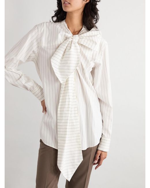 Dries Van Noten Natural Pinstriped Cotton-Poplin Pussy-Bow Shirt
