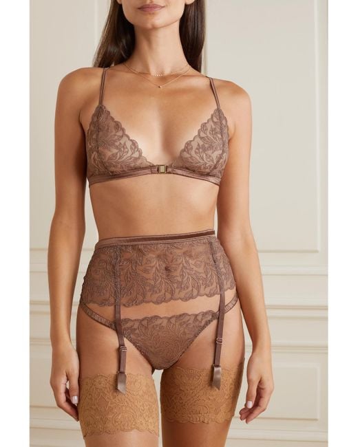 Coco De Mer Brown Paeonia Satin-Trimmed Embroidered Tulle Suspender Belt