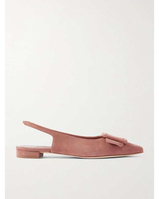 Manolo Blahnik Pink Maylura Buckled Suede Slingback Flats