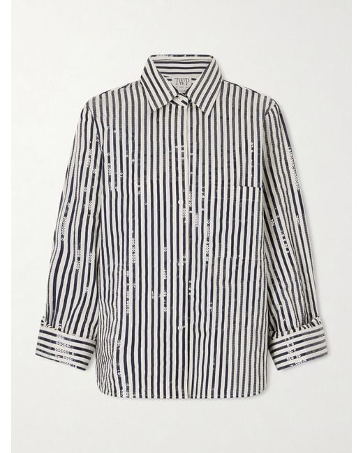 Twp Blue Next Morning Sequined Striped Cotton-Blend Poplin Shirt