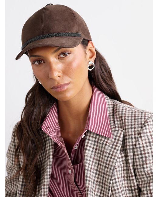 Brunello Cucinelli Brown Baseballkappe Aus Veloursleder Mit Zierperlen