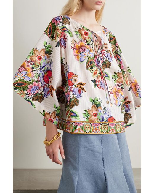 Etro White Tie-Detailed Floral-Print Cotton And Silk-Blend Voile Blouse