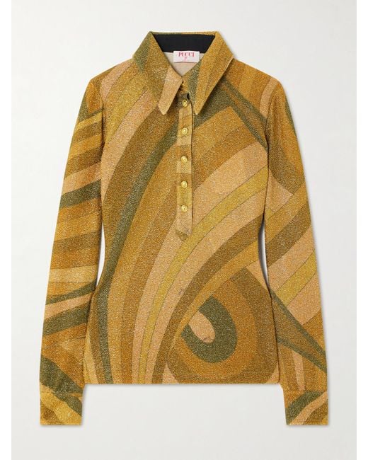 Emilio Pucci Yellow Printed Metallic Jersey Polo Shirt