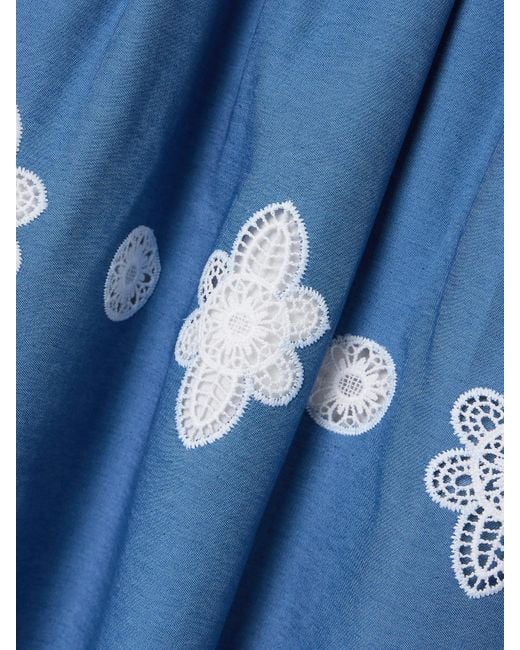 Borgo De Nor Blue Rhea Crocheted Lace-Trimmed Chambray Midi Skirt