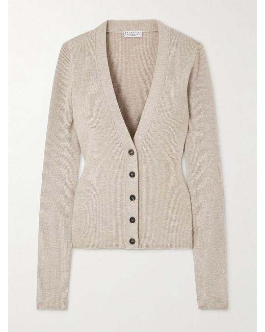 Brunello Cucinelli Natural Metallic Ribbed-Knit Cardigan