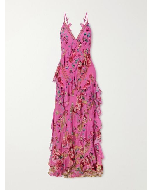 Camilla Pink Embellished Ruffled Silk-Georgette Maxi Dress