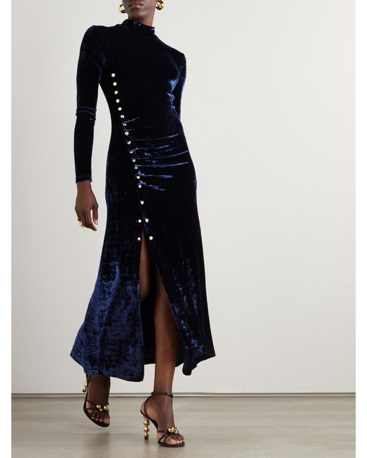 Rabanne Blue Asymmetric Ruched Embellished Velvet Turtleneck Dress