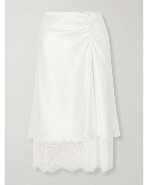 Sir White Ingrid Layered Gathered Lace-Trimmed Satin Midi Skirt