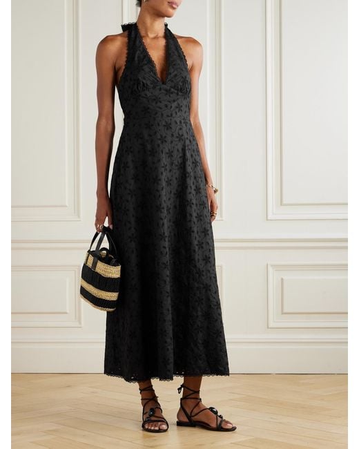 Posse Black Salma Broderie Anglaise Cotton Halterneck Midi Dress