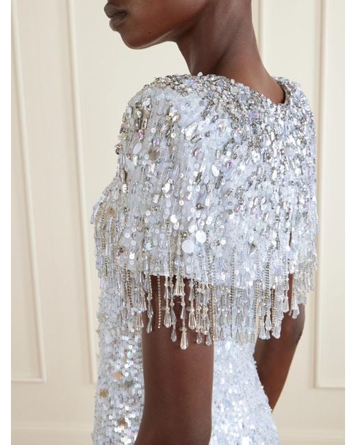 Jenny Packham White Eugene Crystal-Embellished Sequined Chiffon Gown