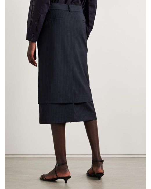Tibi Blue Mier Layered Pinstriped Wool-Blend Crepe And Satin-Twill Midi Skirt