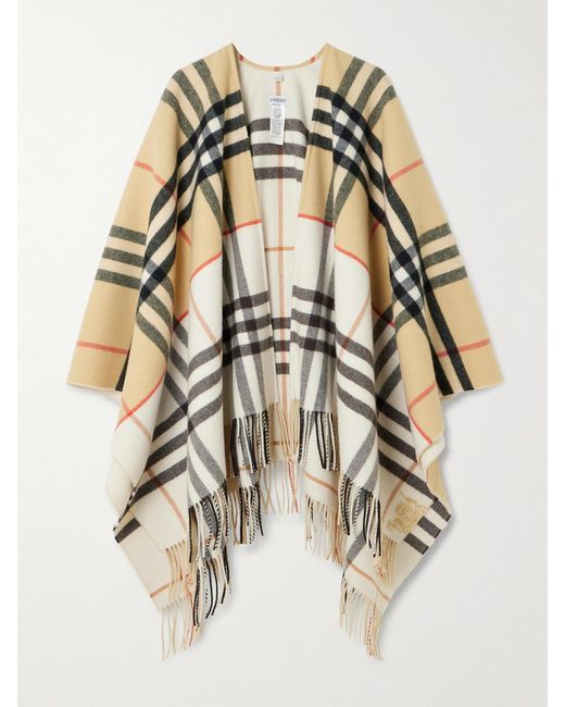 Burberry Natural Oversized Fringed Checked Cashmere And Wool-Blend Cape