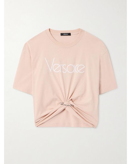 Versace Pink Verkürztes T-Shirt Aus Baumwoll-Jersey Mit Verzierung