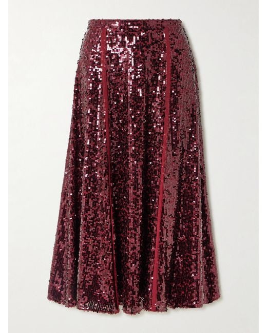Erdem Red Frayed Sequined Crepe De Chine Midi Skirt