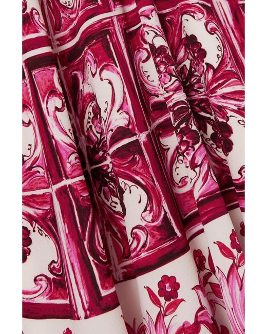 Dolce & Gabbana Red Maiolica Pleated Printed Stretch Silk-Blend Mini Dress