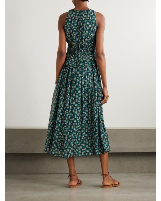 Robe Midi En Crêpe De Chine De Soie À Imprimé Fleuri Et À Smocks Adeline Ulla Johnson en coloris Green