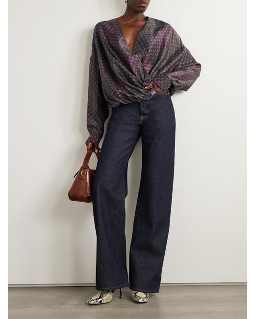 Dries Van Noten Purple Wrap-Effect Draped Printed Silk-Habotai Blouse