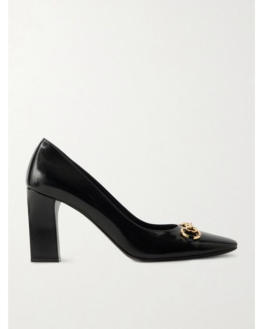 Gucci Black Signora Horsebit-Embellished Glossed Leather Pumps