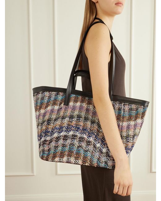 Missoni Purple Trapezoid Medium Leather-Trimmed Metallic Crochet-Knit Tote