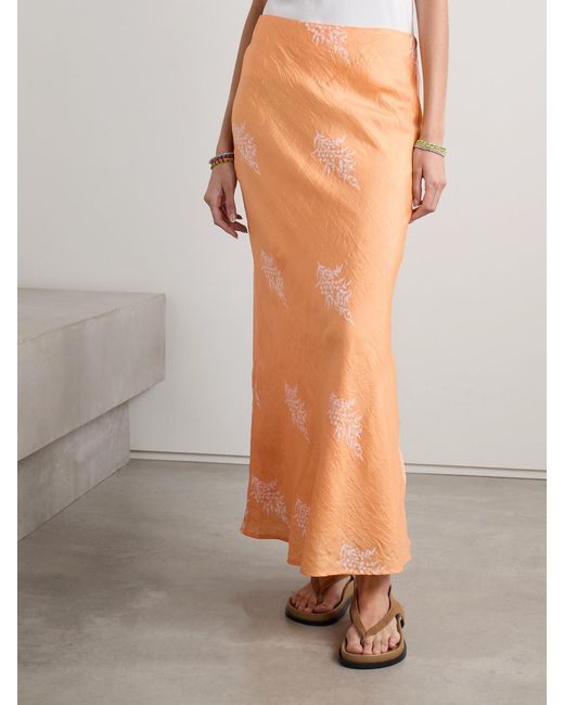 Alix Of Bohemia Orange Lyra Floral-Print Crinkled-Silk Maxi Skirt