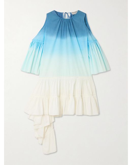 J.W. Anderson Blue Cold-Shoulder Tiered Ruffled Dégradé Cotton-Poplin Mini Dress