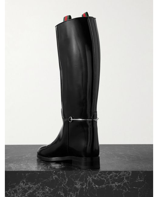 Gucci Black Kniehohe Stiefel Aus Lackleder Mit „Horsebit“-Detail Und Canvas-Besätzen