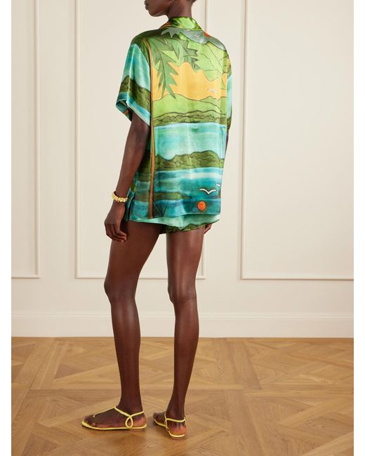 Donde Esteban Green Magdalena Printed Silk-Blend Satin Shirt