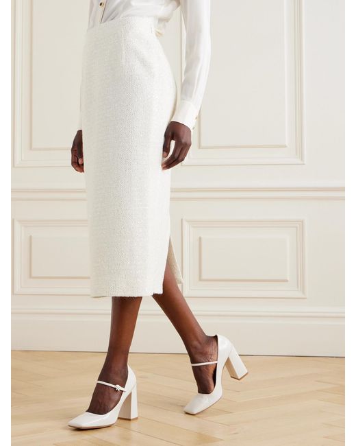 Alessandra Rich White Sequin-Embellished Tweed Midi Skirt