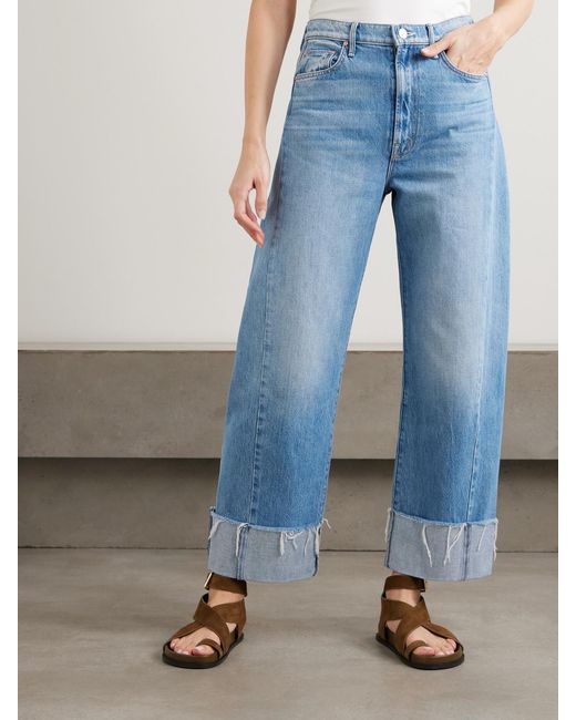 Mother Blue The Half Pipe Ankle Cuff Fray High-Rise Wide-Leg Jeans