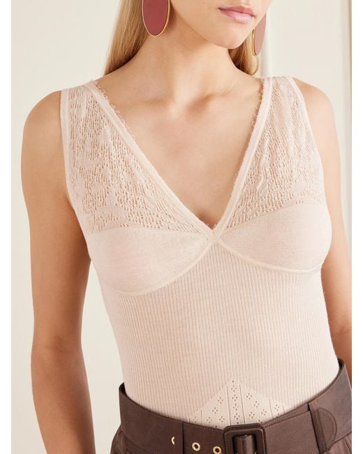 Zimmermann Natural Lace-Trimmed Pointelle-Knit Wool-Blend Top