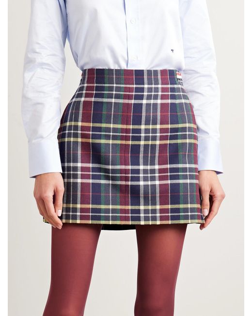 Thom Browne Blue Checked Grosgrain-Trimmed Wool-Twill Mini Skirt