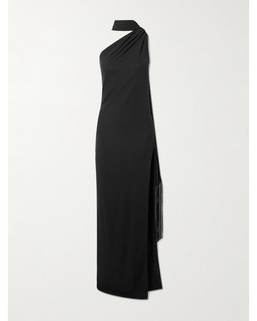 Acne White Dassy One-Shoulder Fringed Tie-Detailed Stretch-Knit Gown