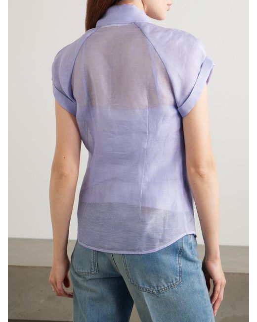 Zimmermann Purple Crush Pussy-Bow Crystal-Embellished Linen And Silk-Blend Organza Shirt
