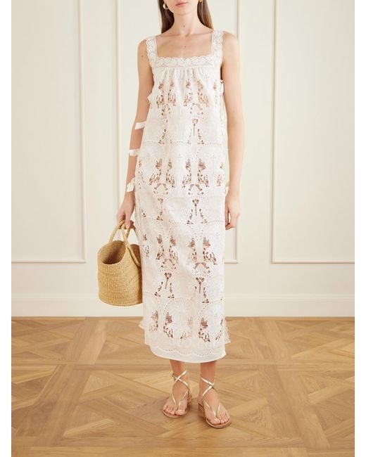 Loretta Caponi White Fiocchini Lace-Trimmed Broderie Anglaise Cotton-Blend Maxi Dress