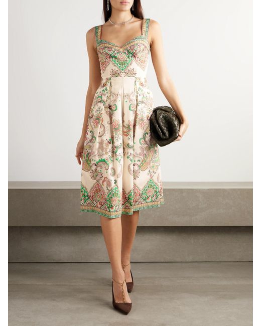 Etro Natural Pleated Printed Cotton-Poplin Midi Dress