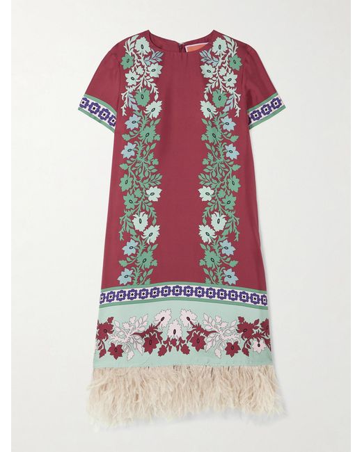 LaDoubleJ Multicolor Swing Feather-Trimmed Printed Silk-Twill Mini Dress