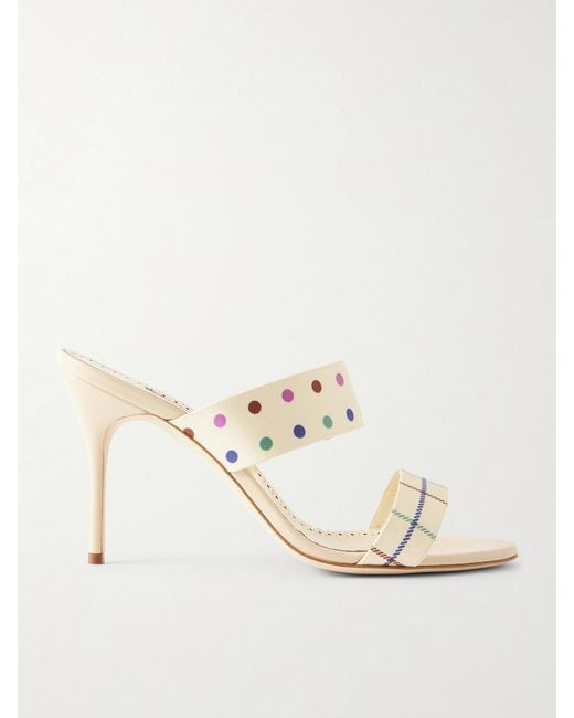 Manolo Blahnik Natural Ralotapla 90 Printed Twill Mules