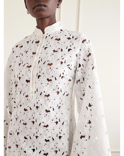Christiano Marchelli White Eleonora Floral-Embroidered Silk-Trimmed Broderie Anglaise Kaftan
