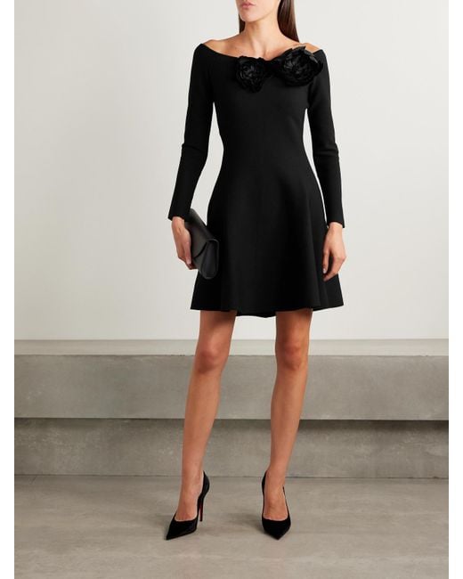 Oscar de la Renta Black Off-The-Shoulder Embellished Appliquéd Stretch-Jersey Mini Dress