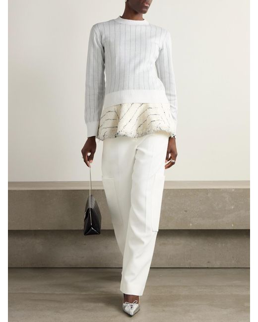 Sacai White Layered Striped Cotton And Bouclé-Tweed Sweater