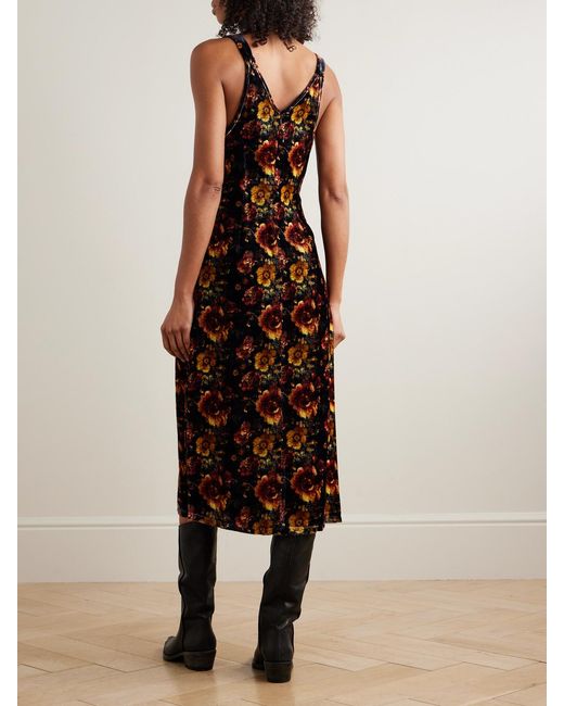 R13 Black Floral-Print Velvet Midi Dress