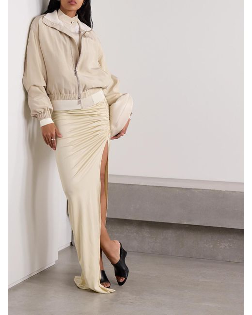 Helmut Lang Natural Convertible Layered Crepe De Chine And Satin-Twill Bomber Jacket