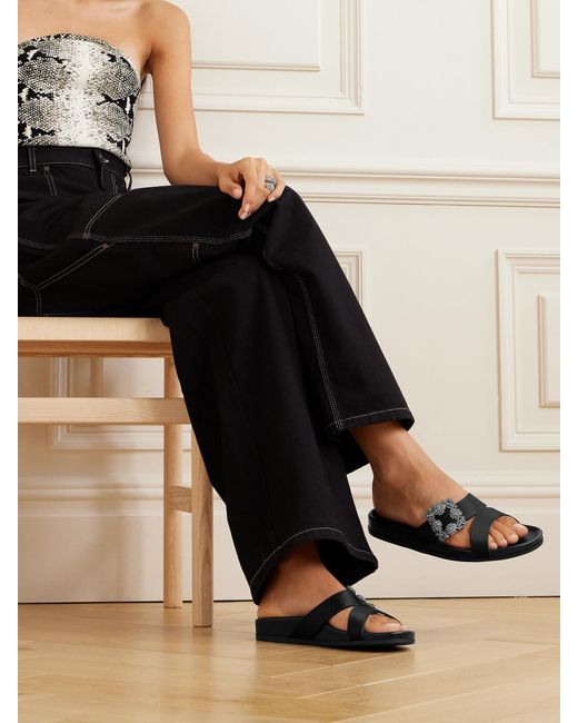 Manolo Blahnik Black Chilanghi Buckled Satin Slides