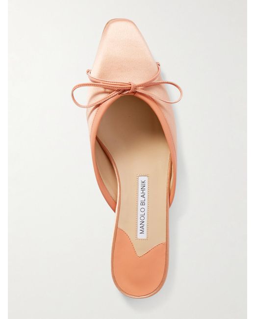 Manolo Blahnik Natural Ballerimu Bow-Detailed Leather-Trimmed Satin Mules